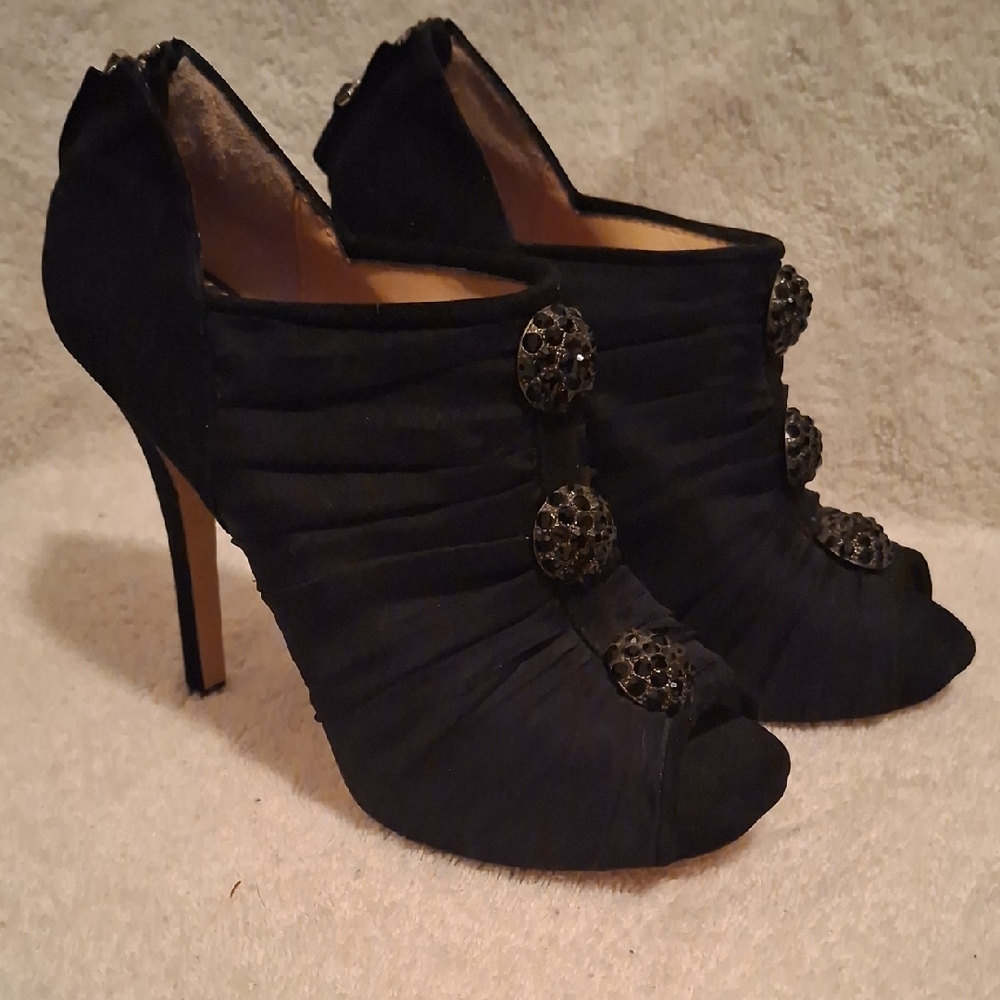 Betsey Johnson Black Peep-Toe Ruched Heels with Embellished Buttons